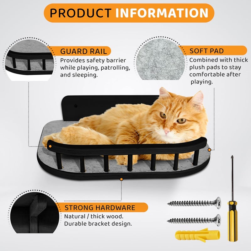 BUOGA Cat Wall Shelves with 3 Steps – Modern Wood Wall Mounted Furniture, Climber & Perch Shelf for Cats up to 30lbs – Sturdy Floating Bed for Large Cats - Black - Image 3